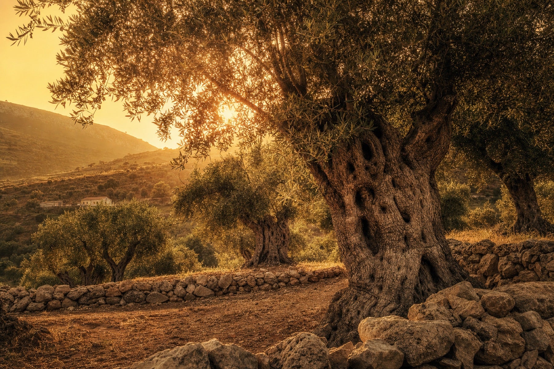 Sicilian olive grove at golden hour
