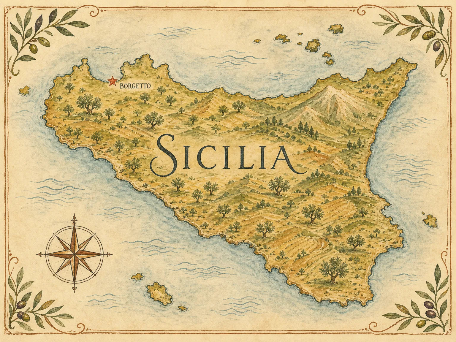 Hand-painted map of Sicily with a star marking Borgetto, on the island's northwest coast