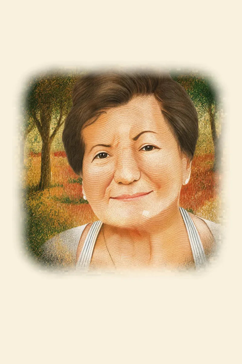 Painted portrait of Nonna Gracie in the olive grove